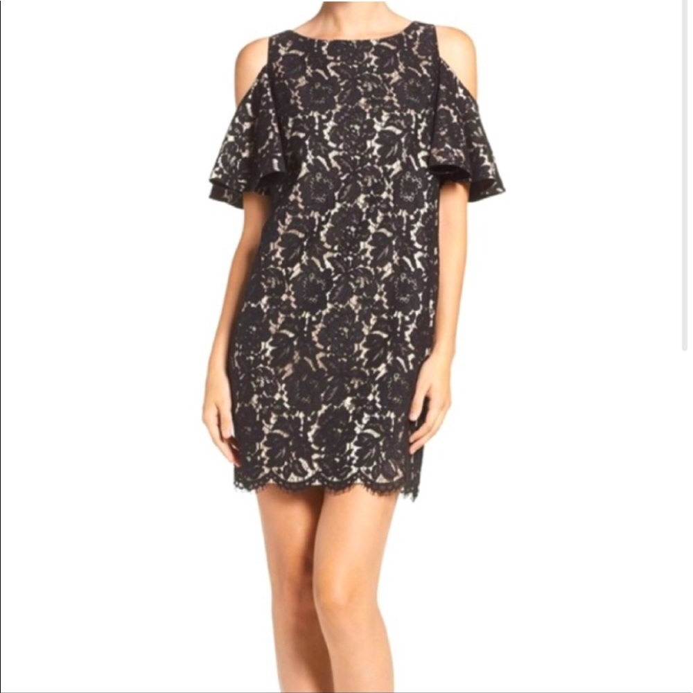 Chelsea28 Black Lace Shift Dress Cold Shoulder Size 0